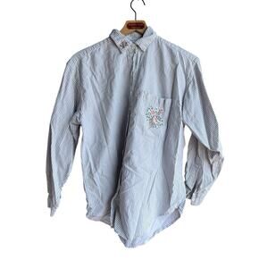 Krazy Kat Women's Vintage Gray Striped Blouse Embroidered Size M 100% Cotton